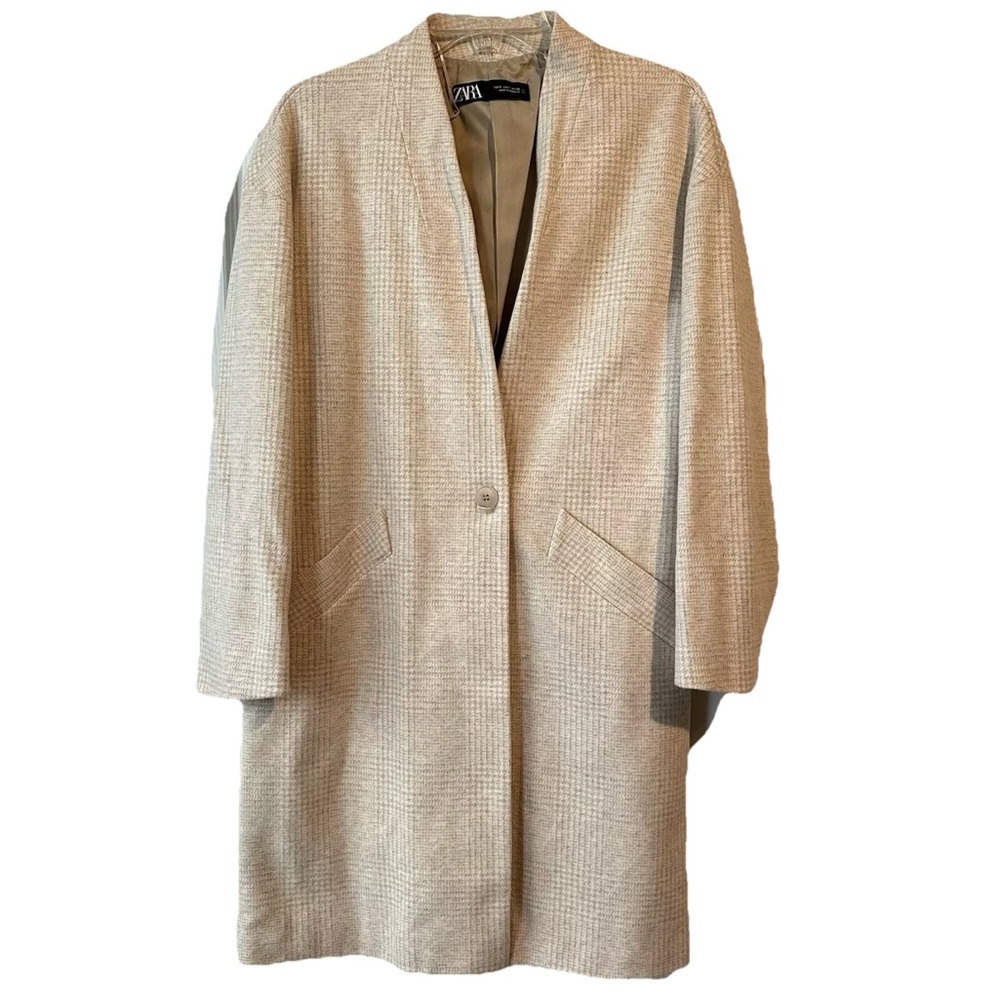 New Zara Collarless Long Cream Plaid Jacket Blazer Coat Small